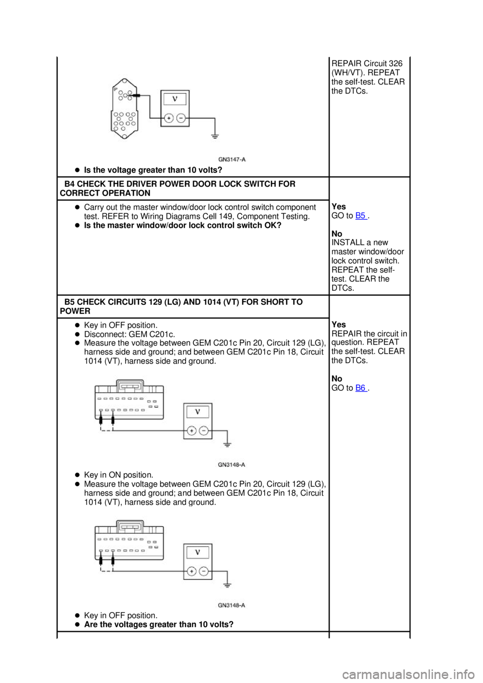 FORD MUSTANG 2003  Workshop Manual �z
Is the voltage greater than 10 volts?  REPAIR Circuit 326 
(WH/VT). REPEAT 
the self-
test. CLEAR 
the DTCs.  B4 CHECK THE DRIVER POWER DOOR LOCK SWITCH FOR 
CORRECT OPERATION  �z
Carry out the mas