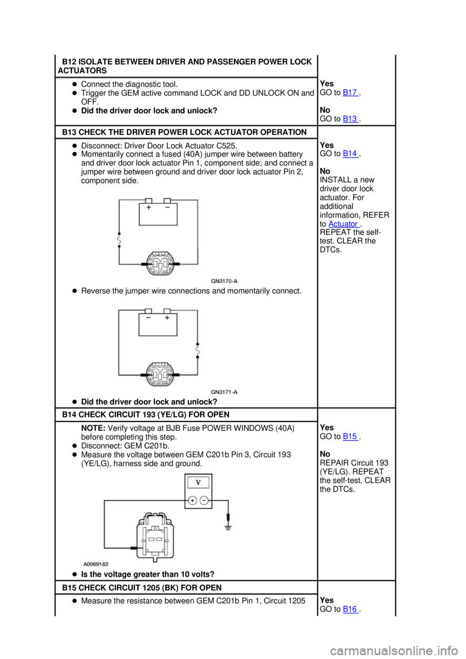 FORD MUSTANG 2003  Workshop Manual B12 ISOLATE BETWEEN DRIVER AND PASSENGER POWER LOCK 
ACTUATORS  �z
Connect the diagnostic tool. 
�z Trigger the GEM active command LOCK and DD UNLOCK ON and 
OFF. 
�z Did the driver door lock and unlo