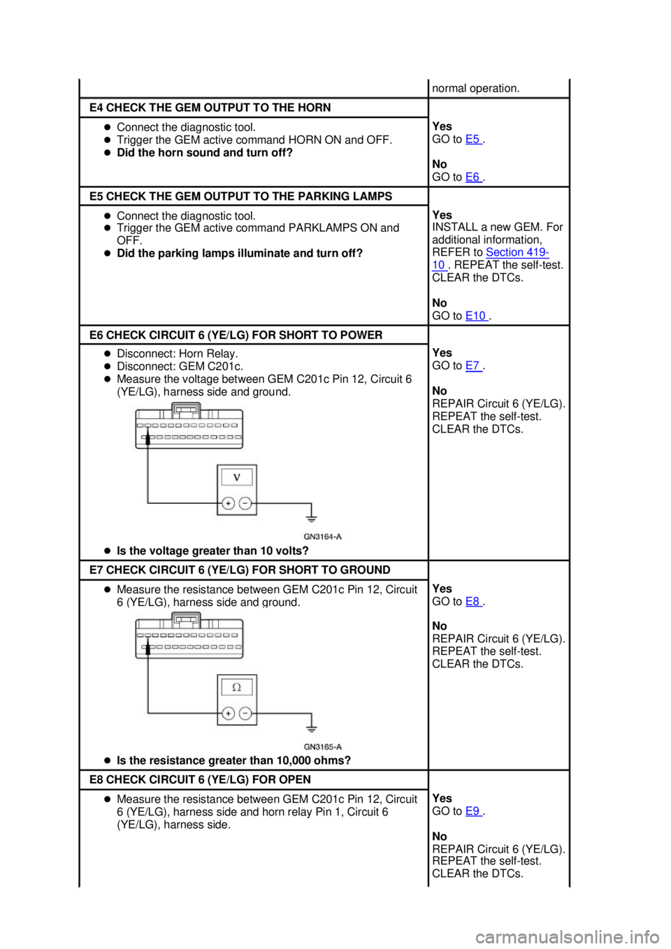 FORD MUSTANG 2003 Repair Manual normal operation. 
E4 CHECK THE GEM OUTPUT TO THE HORN 
�z
Connect the diagnostic tool. 
�z Trigger the GEM active command HORN ON and OFF. 
�z Did the horn sound and turn off?  Yes 
GO to 
E5  . 
No 