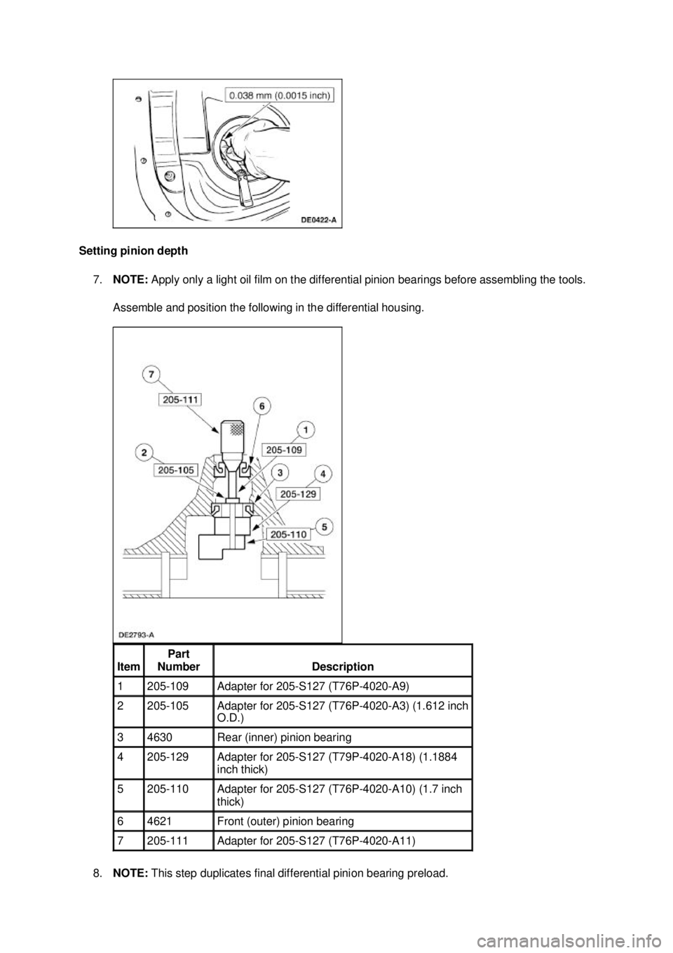 FORD MUSTANG 2003 Owners Guide Setting pinion depth
7. NOTE: Apply only a light oil film on the differential pinion bearings before assembling the tools.
Assemble and position the following in the differential housing.
8. NOTE: FORD MUSTANG 2003 Owners Guide Setting pinion depth
7. NOTE: Apply only a light oil film on the differential pinion bearings before assembling the tools.
Assemble and position the following in the differential housing.
8. NOTE:
