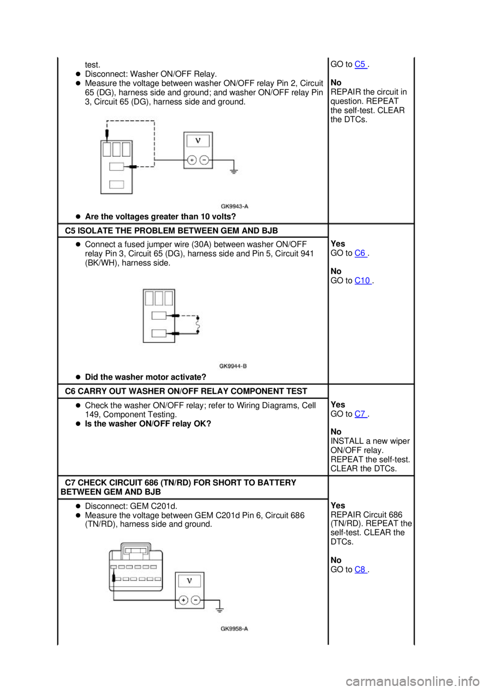 FORD MUSTANG 2003 Owners Manual test. 
�z Disconnect: Washer ON/OFF Relay. 
�z Measure the voltage between washer ON/OFF relay Pin 2, Circuit 
65 (DG), harness side and ground; and washer ON/OFF relay Pin 
3, Circuit 65 (DG), harnes