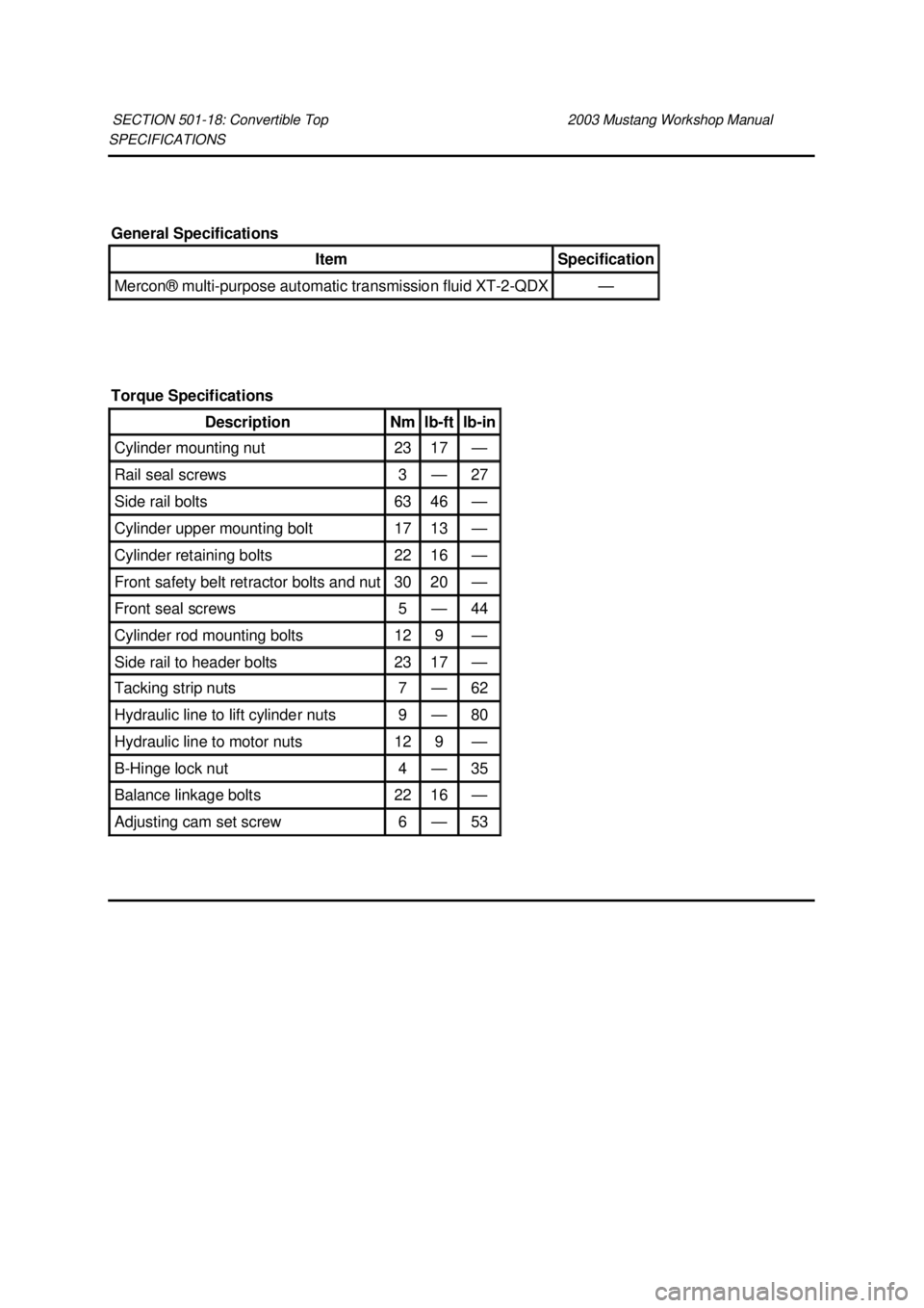 FORD MUSTANG 2003 Workshop Manual SPECIFICATIONS
SECTION 501-
18: Convertible Top 2003 Mustang Workshop Manual General Specifications
Item Specification
Mercon® multi-
purpose automatic transmission fluid XT -2-QDX —
Torque S FORD MUSTANG 2003 Workshop Manual SPECIFICATIONS
SECTION 501-
18: Convertible Top 2003 Mustang Workshop Manual General Specifications
Item Specification
Mercon® multi-
purpose automatic transmission fluid XT -2-QDX —
Torque S