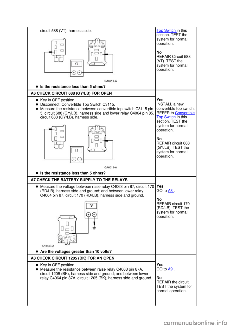 FORD MUSTANG 2003  Workshop Manual circuit 588 (VT), harness side. 
�z Is the resistance less than 5 ohms?  Top Switch  in this 
section. TEST the 
system for normal 
operation. 
No 
REPAIR Circuit 588 
(VT). TEST the 
system for norma