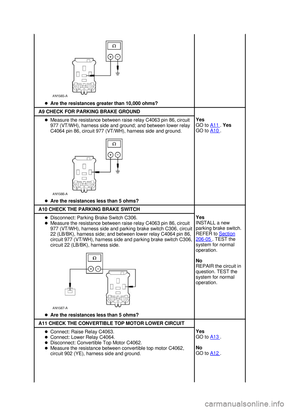 FORD MUSTANG 2003 Manual PDF �z
Are the resistances greater than 10,000 ohms?  A9 CHECK FOR PARKING BRAKE GROUND 
�z
Measure the resistance between raise relay C4063 pin 86, circuit 
977 (VT/WH), harness side and ground; and betw