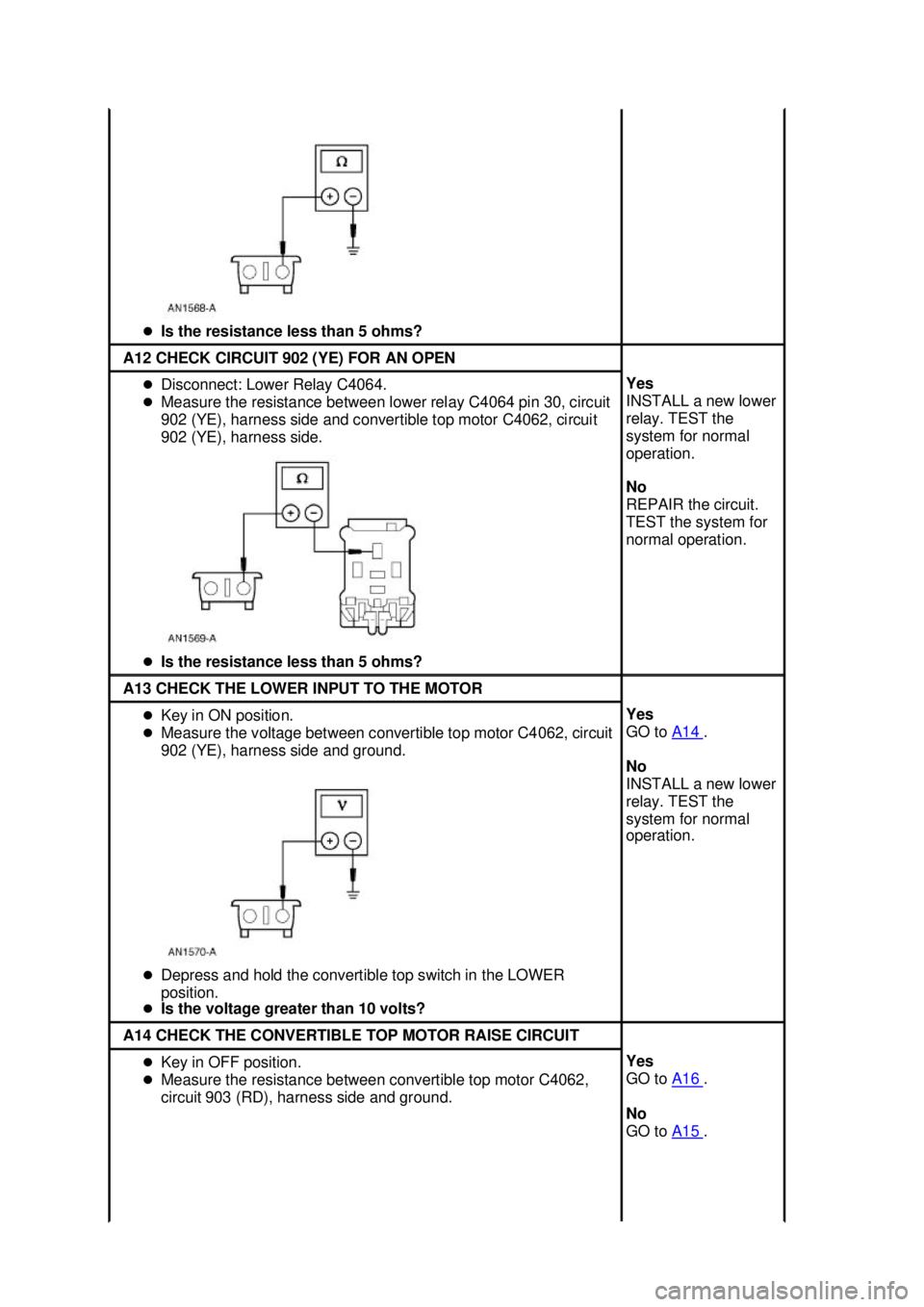 FORD MUSTANG 2003  Workshop Manual �z
Is the resistance less than 5 ohms?  A12 CHECK CIRCUIT 902 (YE) FOR AN OPEN 
�z
Disconnect: Lower Relay C4064. 
�z Measure the resistance between lower relay C4064 pin 30, circuit 
902 (YE), harnes