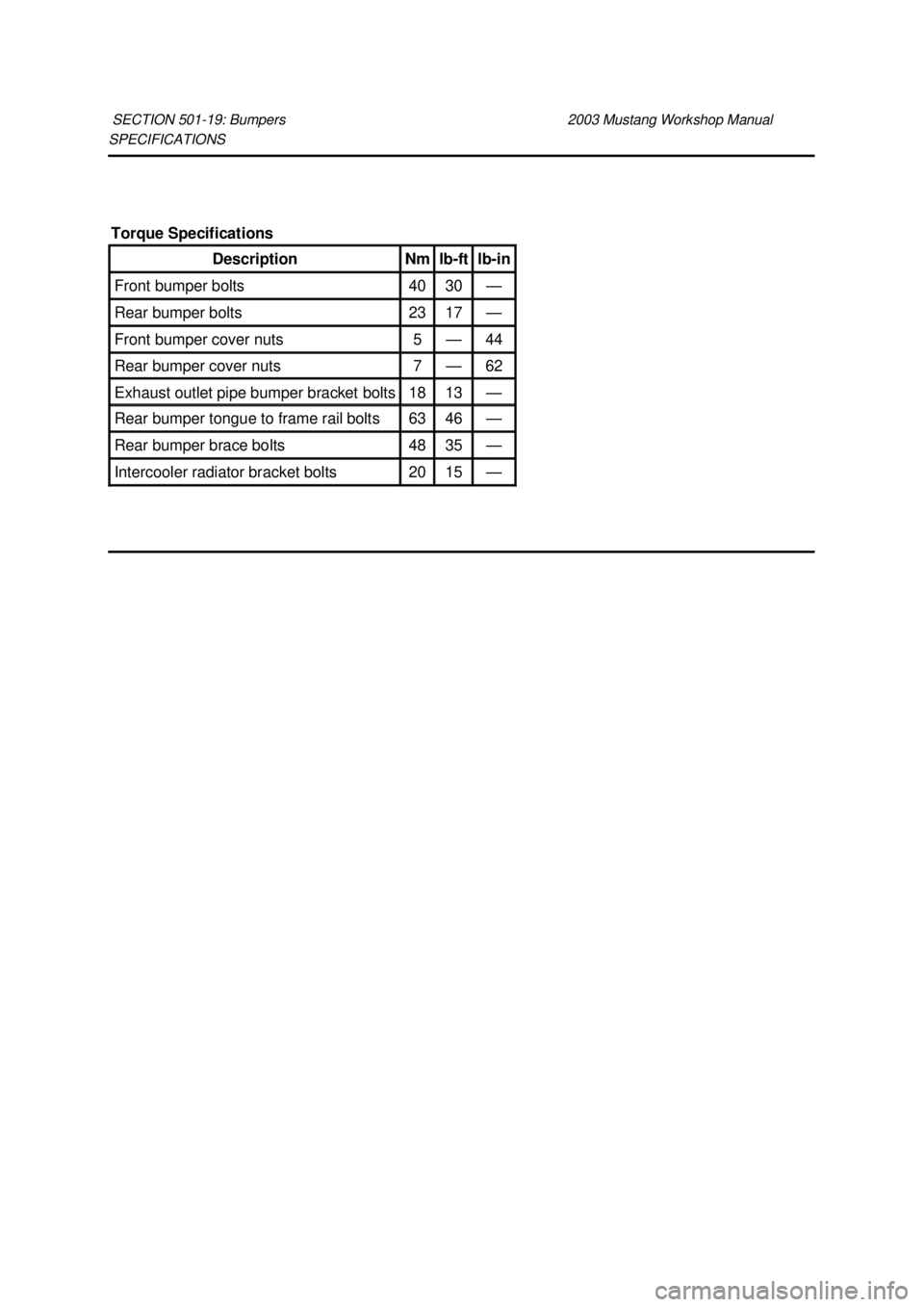 FORD MUSTANG 2003 Workshop Manual SPECIFICATIONS
SECTION 501-
19: Bumpers 2003 Mustang Workshop Manual Torque Specifications
Description Nm lb-
ft lb-
in Front bumper bolts 40 30 —
Rear bumper bolts 23 17 —
Front bump FORD MUSTANG 2003 Workshop Manual SPECIFICATIONS
SECTION 501-
19: Bumpers 2003 Mustang Workshop Manual Torque Specifications
Description Nm lb-
ft lb-
in Front bumper bolts 40 30 —
Rear bumper bolts 23 17 —
Front bump