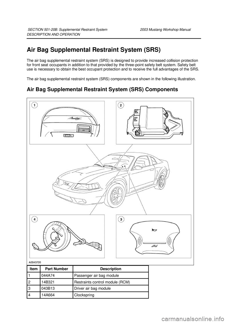 FORD MUSTANG 2003 Manual PDF DESCRIPTION AND OPERATION
Air Bag Supplemental Restraint System (SRS)
The air bag supplemental restraint system (SRS) is designed to provide increased collision protection
for front seat occupants FORD MUSTANG 2003 Manual PDF DESCRIPTION AND OPERATION
Air Bag Supplemental Restraint System (SRS)
The air bag supplemental restraint system (SRS) is designed to provide increased collision protection
for front seat occupants
