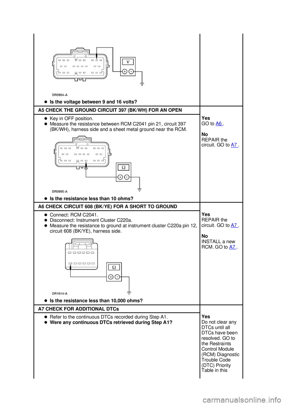 FORD MUSTANG 2003  Workshop Manual �z
Is the voltage between 9 and 16 volts?  A5 CHECK THE GROUND CIRCUIT 397 (BK/WH) FOR AN OPEN 
�z
Key in OFF position. 
�z Measure the resistance between RCM C2041 pin 21, circuit 397 
(BK/WH), harne