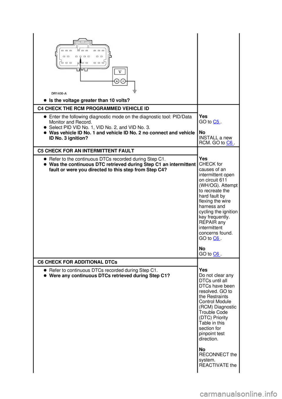 FORD MUSTANG 2003  Workshop Manual �z
Is the voltage greater than 10 volts?  C4 CHECK THE RCM PROGRAMMED VEHICLE ID 
�z
Enter the following diagnostic mode on the diagnostic tool: PID/Data 
Monitor and Record. 
�z Select PID VID No. 1,