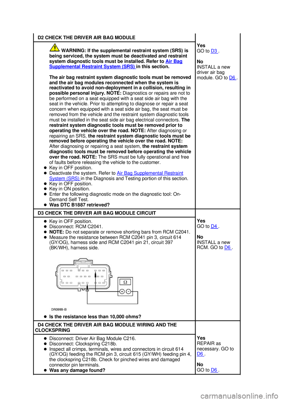 FORD MUSTANG 2003  Workshop Manual D2 CHECK THE DRIVER AIR BAG MODULE 
 WARNING: If the supplemental restraint system (SRS) is 
being serviced, the system must be deactivated and restraint 
system diagnostic tools must be installed. Re