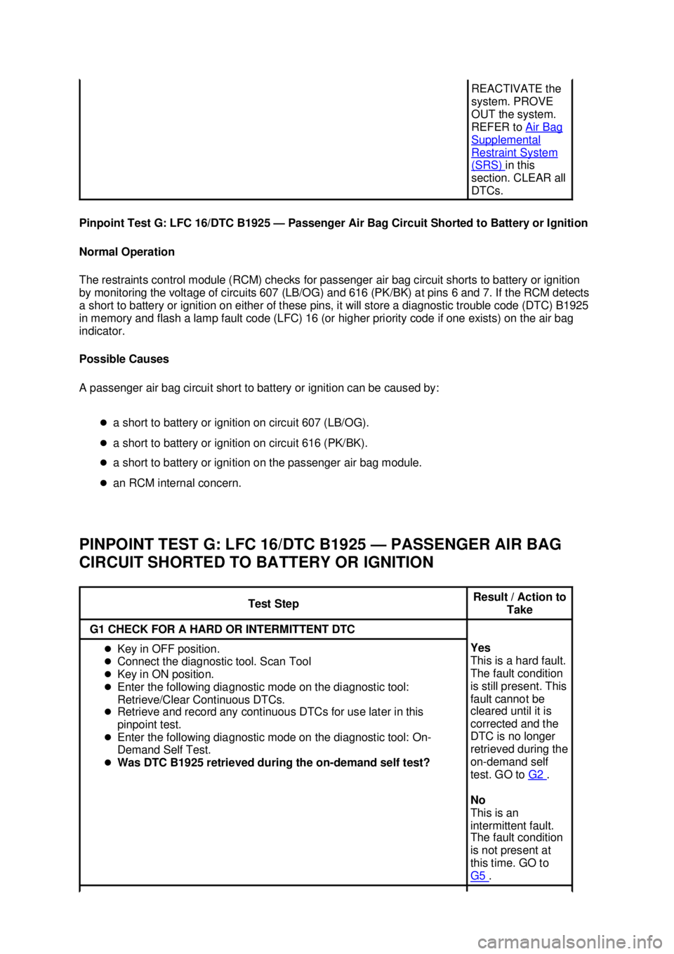 FORD MUSTANG 2003 Workshop Manual Pinpoint Test G: LFC 16/DTC B1925 —
Passenger Air Bag Circuit Shorted to Battery or Ignition
Normal Operation
The restraints control module (RCM) checks for passenger air bag circuit shorts to bat FORD MUSTANG 2003 Workshop Manual Pinpoint Test G: LFC 16/DTC B1925 —
Passenger Air Bag Circuit Shorted to Battery or Ignition
Normal Operation
The restraints control module (RCM) checks for passenger air bag circuit shorts to bat