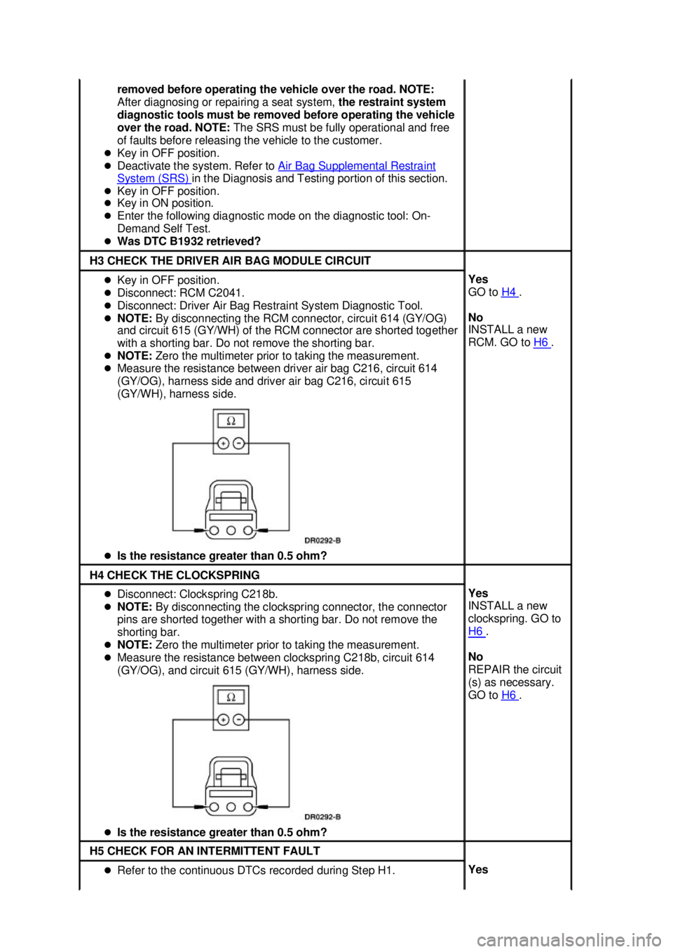 FORD MUSTANG 2003  Workshop Manual removed before operating the vehicle over the road. NOTE: 
After diagnosing or repairing a seat system, 
the restraint system 
diagnostic tools must be removed before operating the vehicle 
over the r