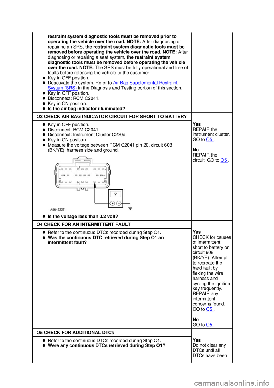 FORD MUSTANG 2003  Workshop Manual restraint system diagnostic tools must be removed prior to 
operating the vehicle over the road. NOTE: 
After diagnosing or 
repairing an SRS,  the restraint system diagnostic tools must be 
removed b