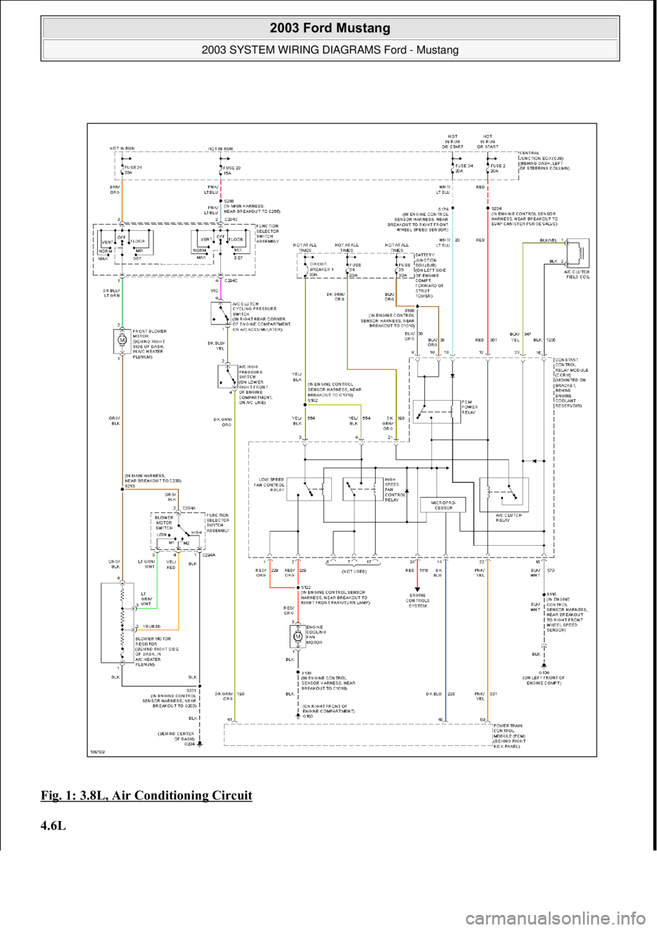 FORD MUSTANG 2003 Workshop Manual Fig. 1: 3.8L, Air Conditioning Circuit
4.6L
2003 Ford Mustang
2003 SYSTEM WIRING DIAGRAMS Ford - Mustang
111
18 ноября 2011 г. 12:45:09Page 2 © 2006 Mitchell Repair Information Comp FORD MUSTANG 2003 Workshop Manual Fig. 1: 3.8L, Air Conditioning Circuit
4.6L
2003 Ford Mustang
2003 SYSTEM WIRING DIAGRAMS Ford - Mustang
111
18 ноября 2011 г. 12:45:09Page 2 © 2006 Mitchell Repair Information Comp