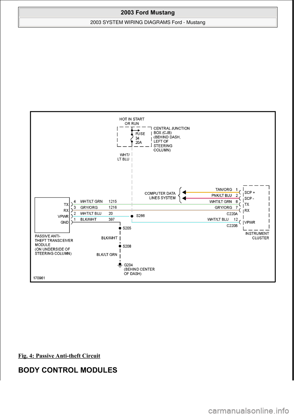 FORD MUSTANG 2003 Workshop Manual Fig. 4: Passive Anti-theft Circuit
BODY CONTROL MODULES
2003 Ford Mustang
2003 SYSTEM WIRING DIAGRAMS Ford - Mustang
111
18 ноября 2011 г. 12:45:09Page 5 © 2006 Mitchell Repair Infor FORD MUSTANG 2003 Workshop Manual Fig. 4: Passive Anti-theft Circuit
BODY CONTROL MODULES
2003 Ford Mustang
2003 SYSTEM WIRING DIAGRAMS Ford - Mustang
111
18 ноября 2011 г. 12:45:09Page 5 © 2006 Mitchell Repair Infor
