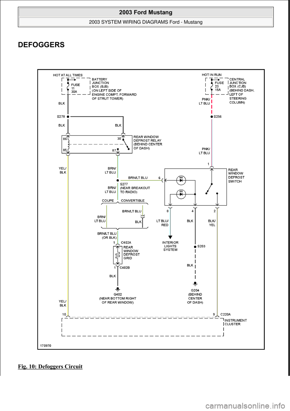 FORD MUSTANG 2003  Workshop Manual DEFOGGERS 
Fig. 10: Defoggers Circuit 
 
2003 Ford Mustang 
2003 SYSTEM WIRING DIAGRAMS Ford - Mustang  
111  
18 ноября  2011 г. 12:45:09Page 11 © 2006 Mitchell Repair Information Company, LL