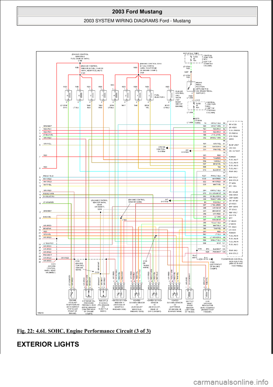 FORD MUSTANG 2003 Workshop Manual Fig. 22: 4.6L SOHC, Engine Performance Circuit (3 of 3)
EXTERIOR LIGHTS
2003 Ford Mustang
2003 SYSTEM WIRING DIAGRAMS Ford - Mustang
111
18 ноября 2011 г. 12:45:09Page 23 © 2006 Mitc FORD MUSTANG 2003 Workshop Manual Fig. 22: 4.6L SOHC, Engine Performance Circuit (3 of 3)
EXTERIOR LIGHTS
2003 Ford Mustang
2003 SYSTEM WIRING DIAGRAMS Ford - Mustang
111
18 ноября 2011 г. 12:45:09Page 23 © 2006 Mitc