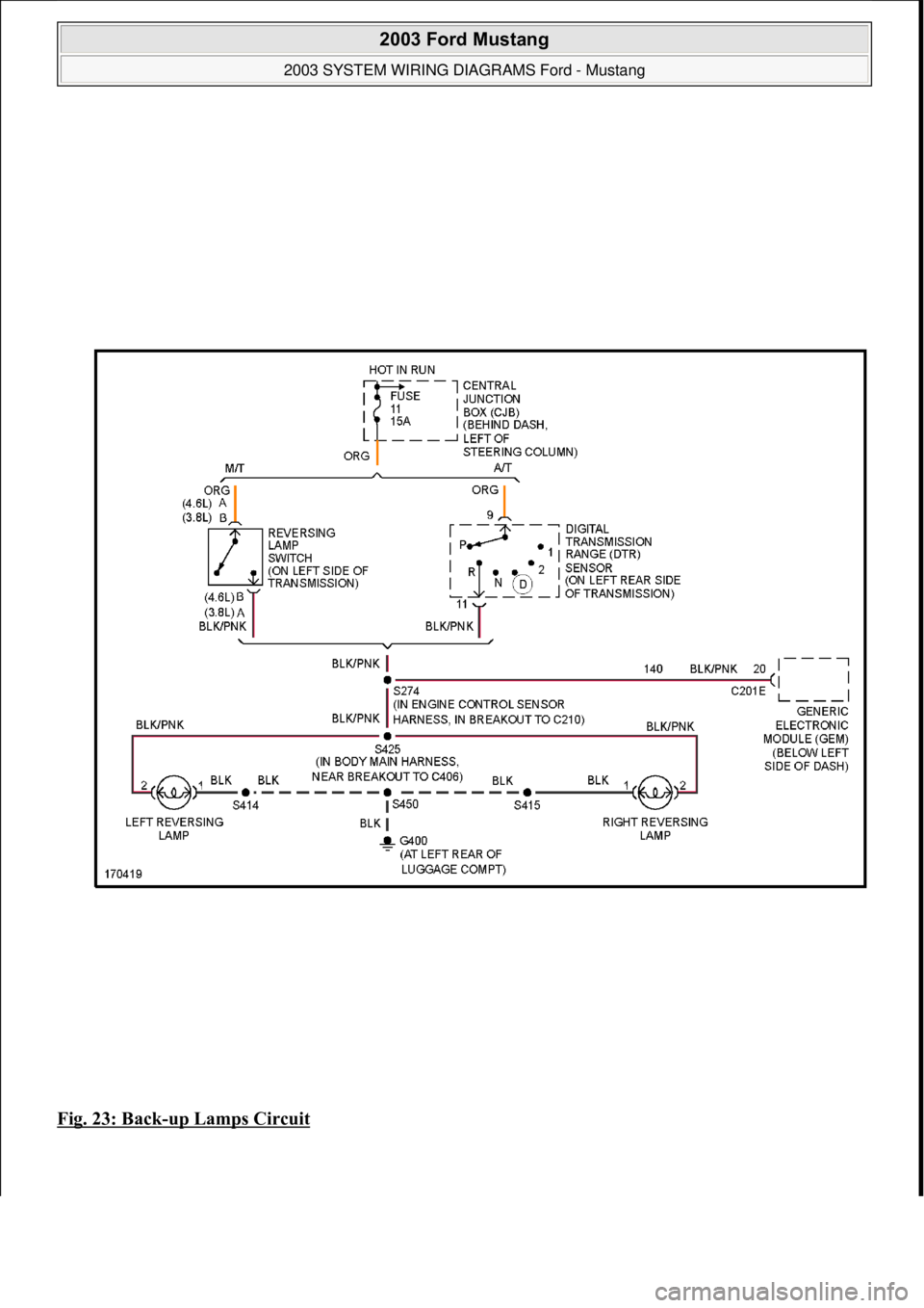 FORD MUSTANG 2003  Workshop Manual Fig. 23: Back-up Lamps Circuit 
 
2003 Ford Mustang 
2003 SYSTEM WIRING DIAGRAMS Ford - Mustang  
111  
18 ноября  2011 г. 12:45:09Page 24 © 2006 Mitchell Repair Information Company, LLC.  