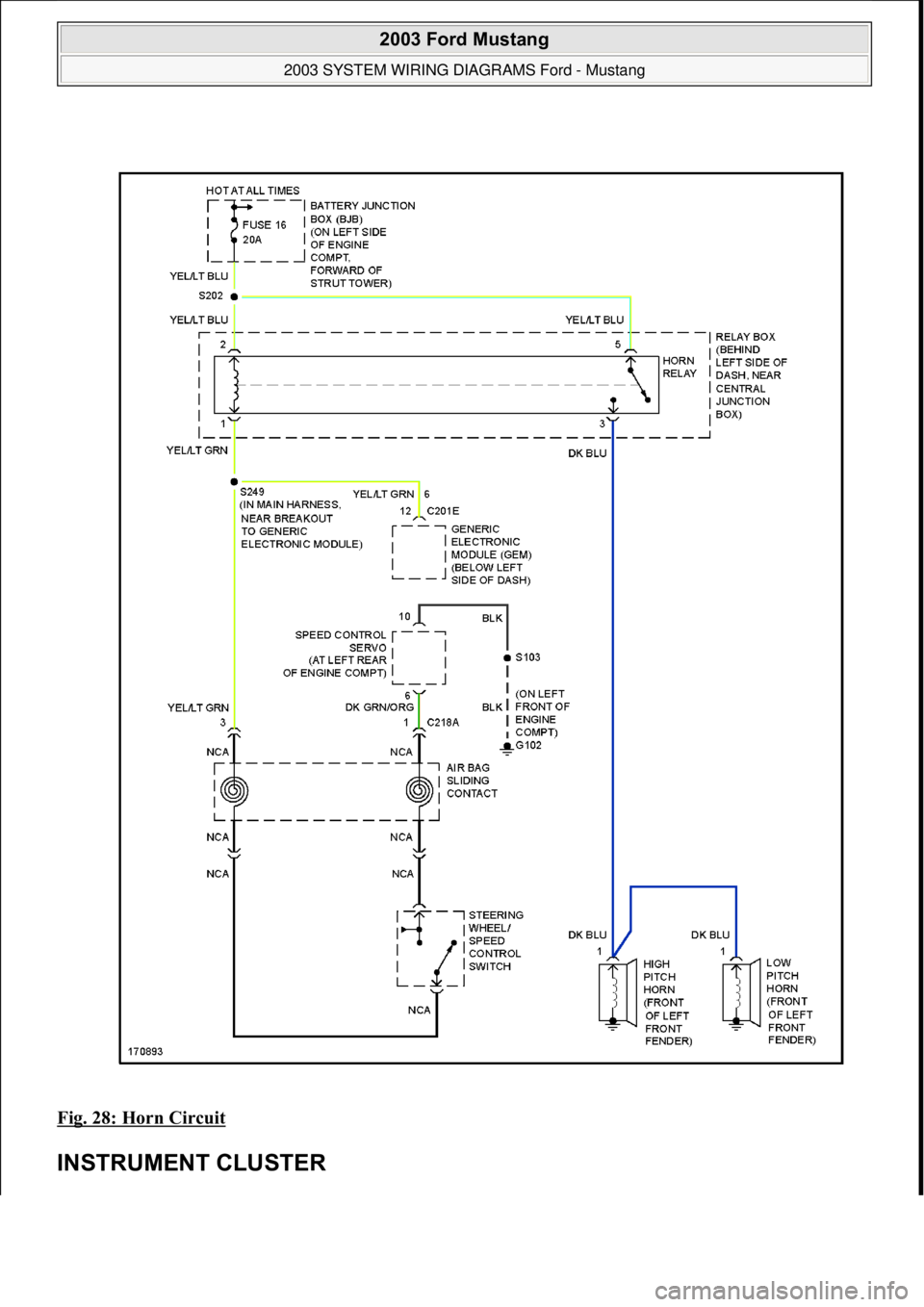 FORD MUSTANG 2003 Owners Manual Fig. 28: Horn Circuit 
INSTRUMENT CLUSTER 
 
2003 Ford Mustang 
2003 SYSTEM WIRING DIAGRAMS Ford - Mustang  
111  
18 ноября  2011 г. 12:45:09Page 29 © 2006 Mitchell Repair Information Company
