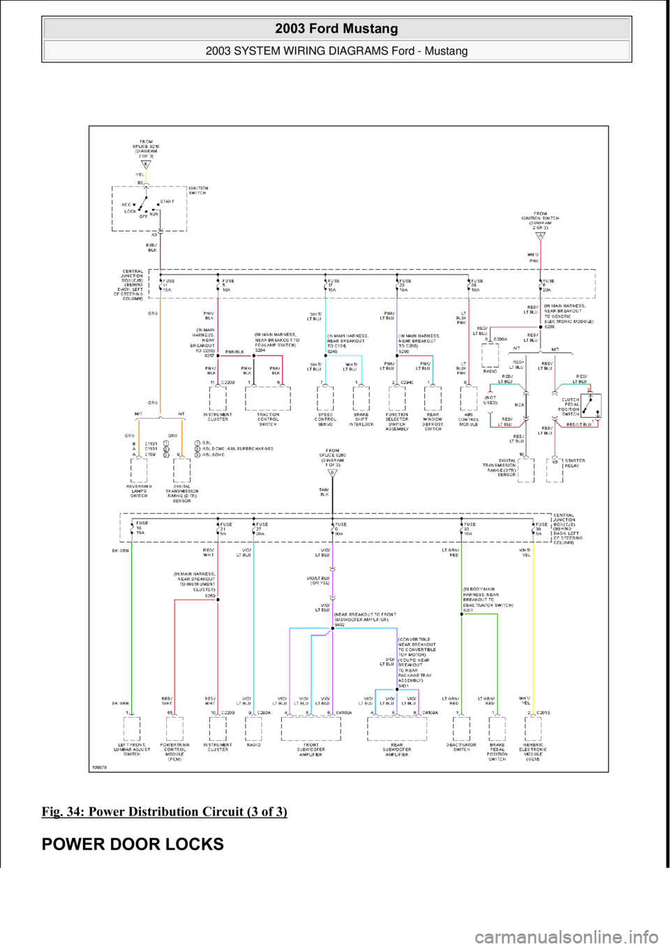 FORD MUSTANG 2003 Workshop Manual Fig. 34: Power Distribution Circuit (3 of 3)
POWER DOOR LOCKS
2003 Ford Mustang
2003 SYSTEM WIRING DIAGRAMS Ford - Mustang
111
18 ноября 2011 г. 12:45:09Page 35 © 2006 Mitchell Repai FORD MUSTANG 2003 Workshop Manual Fig. 34: Power Distribution Circuit (3 of 3)
POWER DOOR LOCKS
2003 Ford Mustang
2003 SYSTEM WIRING DIAGRAMS Ford - Mustang
111
18 ноября 2011 г. 12:45:09Page 35 © 2006 Mitchell Repai