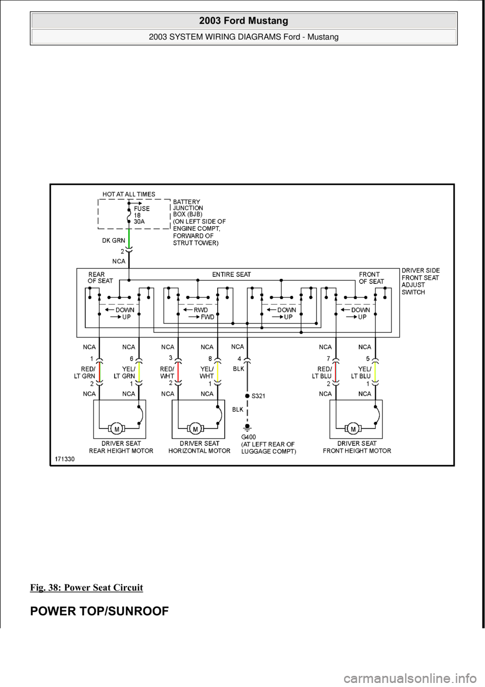 FORD MUSTANG 2003  Workshop Manual Fig. 38: Power Seat Circuit 
POWER TOP/SUNROOF 
 
2003 Ford Mustang 
2003 SYSTEM WIRING DIAGRAMS Ford - Mustang  
111  
18 ноября  2011 г. 12:45:09Page 39 © 2006 Mitchell Repair Information Co