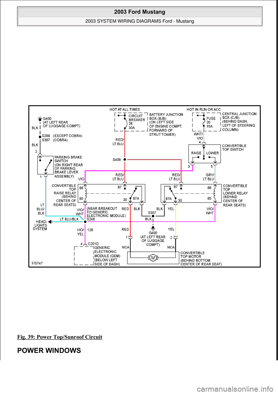 FORD MUSTANG 2003  Workshop Manual Fig. 39: Power Top/Sunroof Circuit 
POWER WINDOWS 
 
2003 Ford Mustang 
2003 SYSTEM WIRING DIAGRAMS Ford - Mustang  
111  
18 ноября  2011 г. 12:45:09Page 40 © 2006 Mitchell Repair Information