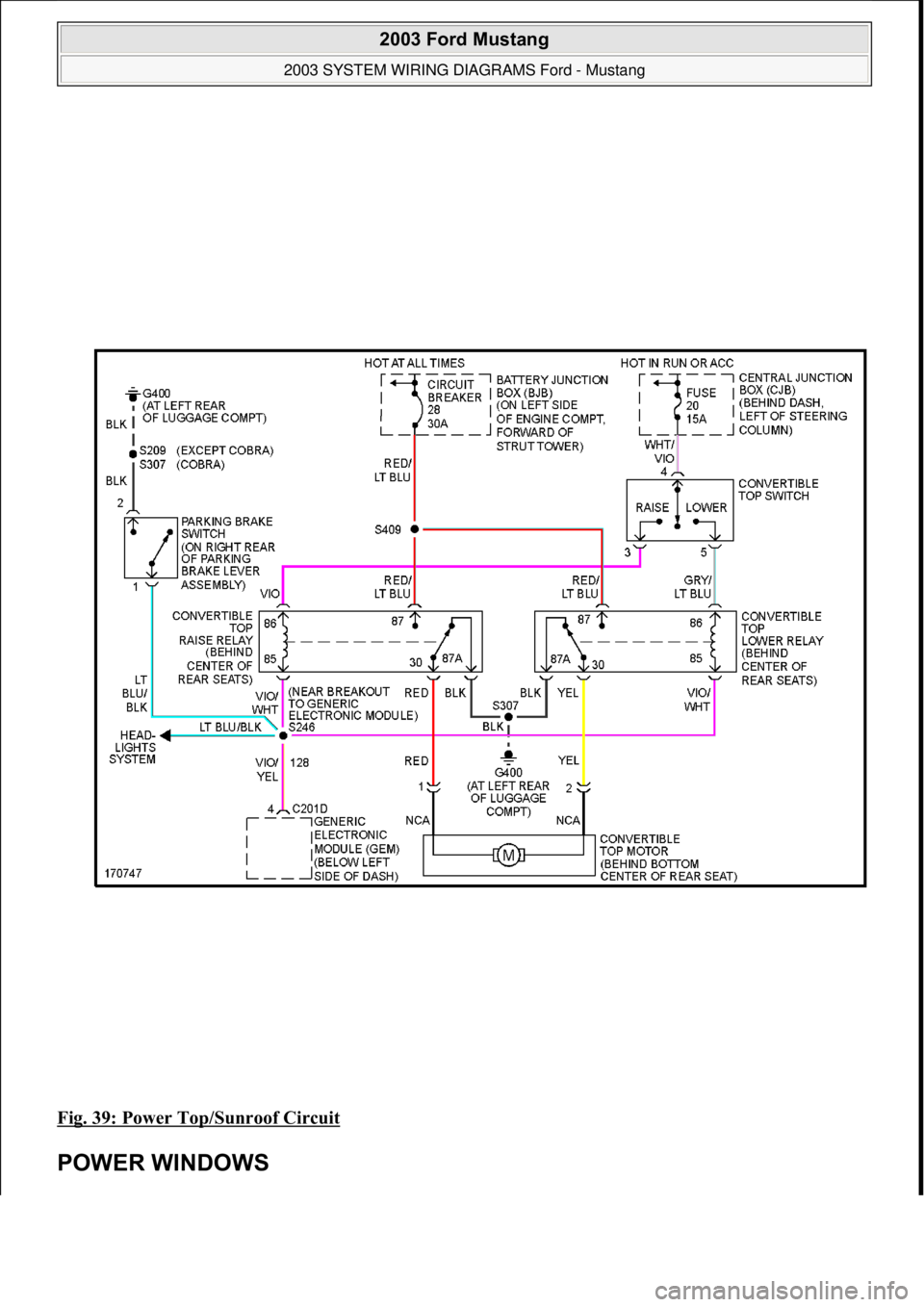 FORD MUSTANG 2003 Workshop Manual Fig. 39: Power Top/Sunroof Circuit
POWER WINDOWS
2003 Ford Mustang
2003 SYSTEM WIRING DIAGRAMS Ford - Mustang
111
18 ноября 2011 г. 12:45:09Page 40 © 2006 Mitchell Repair Information FORD MUSTANG 2003 Workshop Manual Fig. 39: Power Top/Sunroof Circuit
POWER WINDOWS
2003 Ford Mustang
2003 SYSTEM WIRING DIAGRAMS Ford - Mustang
111
18 ноября 2011 г. 12:45:09Page 40 © 2006 Mitchell Repair Information