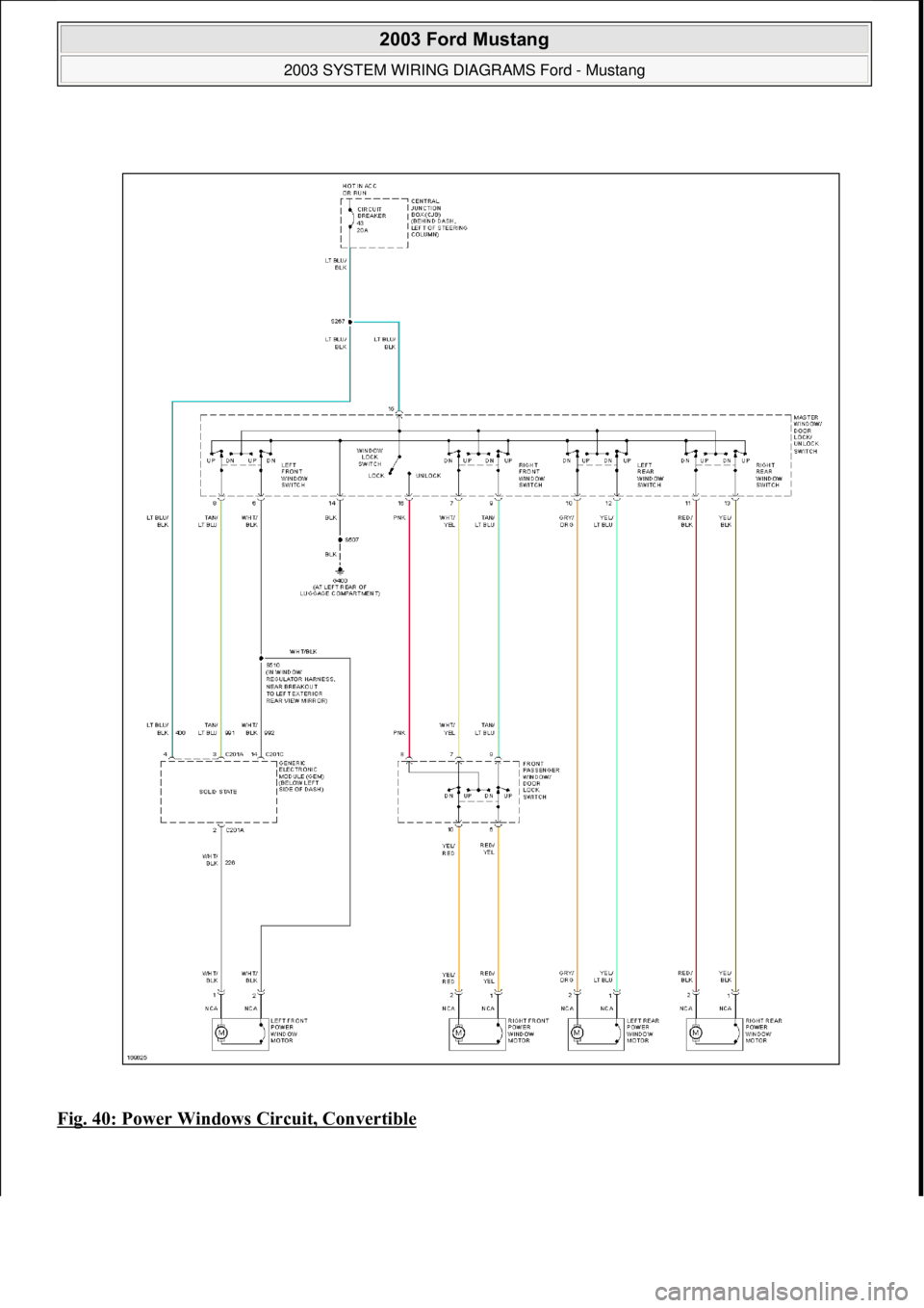 FORD MUSTANG 2003 Workshop Manual Fig. 40: Power Windows Circuit, Convertible
2003 Ford Mustang
2003 SYSTEM WIRING DIAGRAMS Ford - Mustang
111
18 ноября 2011 г. 12:45:09Page 41 © 2006 Mitchell Repair Information Compan FORD MUSTANG 2003 Workshop Manual Fig. 40: Power Windows Circuit, Convertible
2003 Ford Mustang
2003 SYSTEM WIRING DIAGRAMS Ford - Mustang
111
18 ноября 2011 г. 12:45:09Page 41 © 2006 Mitchell Repair Information Compan