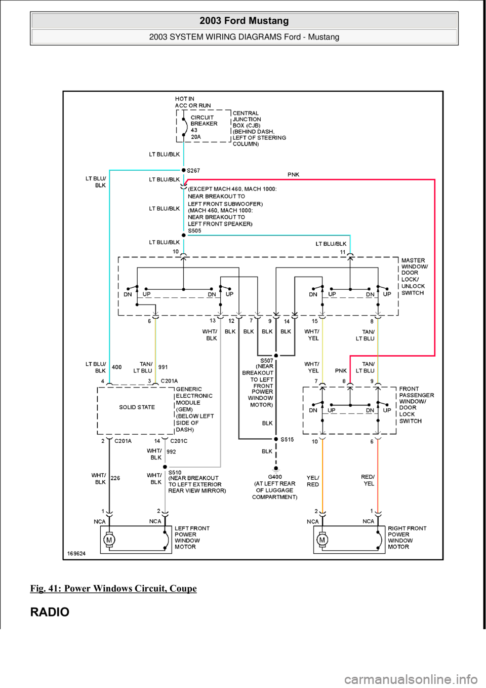 FORD MUSTANG 2003  Workshop Manual Fig. 41: Power Windows Circuit, Coupe 
RADIO 
 
2003 Ford Mustang 
2003 SYSTEM WIRING DIAGRAMS Ford - Mustang  
111  
18 ноября  2011 г. 12:45:09Page 42 © 2006 Mitchell Repair Information Comp