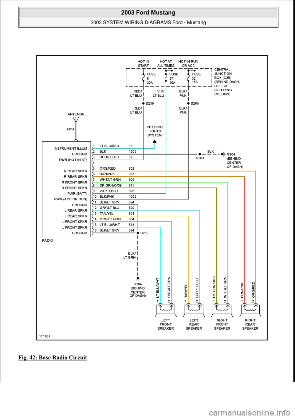 FORD MUSTANG 2003  Workshop Manual Fig. 42: Base Radio Circuit
 
2003 Ford Mustang 
2003 SYSTEM WIRING DIAGRAMS Ford - Mustang  
111  
18 ноября  2011 г. 12:45:09Page 43 © 2006 Mitchell Repair Information Company, LLC.  