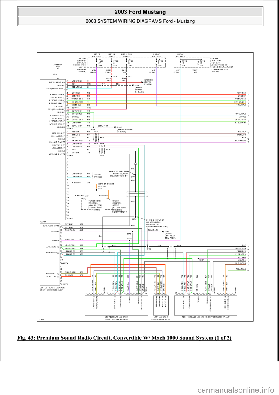 FORD MUSTANG 2003  Workshop Manual Fig. 43: Premium Sound Radio Circuit, Convertible W/ Mach 1000 Sound System (1 of 2)
 
2003 Ford Mustang 
2003 SYSTEM WIRING DIAGRAMS Ford - Mustang  
111  
18 ноября  2011 г. 12:45:09Page 44 