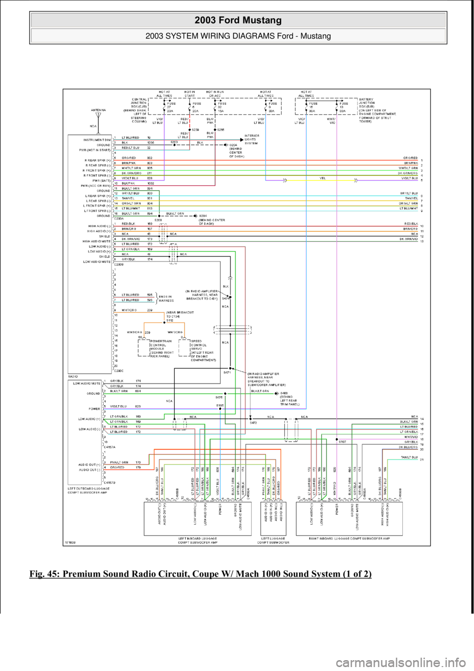 FORD MUSTANG 2003  Workshop Manual Fig. 45: Premium Sound Radio Circuit, Coupe W/ Mach 1000 Sound System (1 of 2) 
 
2003 Ford Mustang 
2003 SYSTEM WIRING DIAGRAMS Ford - Mustang  
111  
18 ноября  2011 г. 12:45:09Page 46 © 200