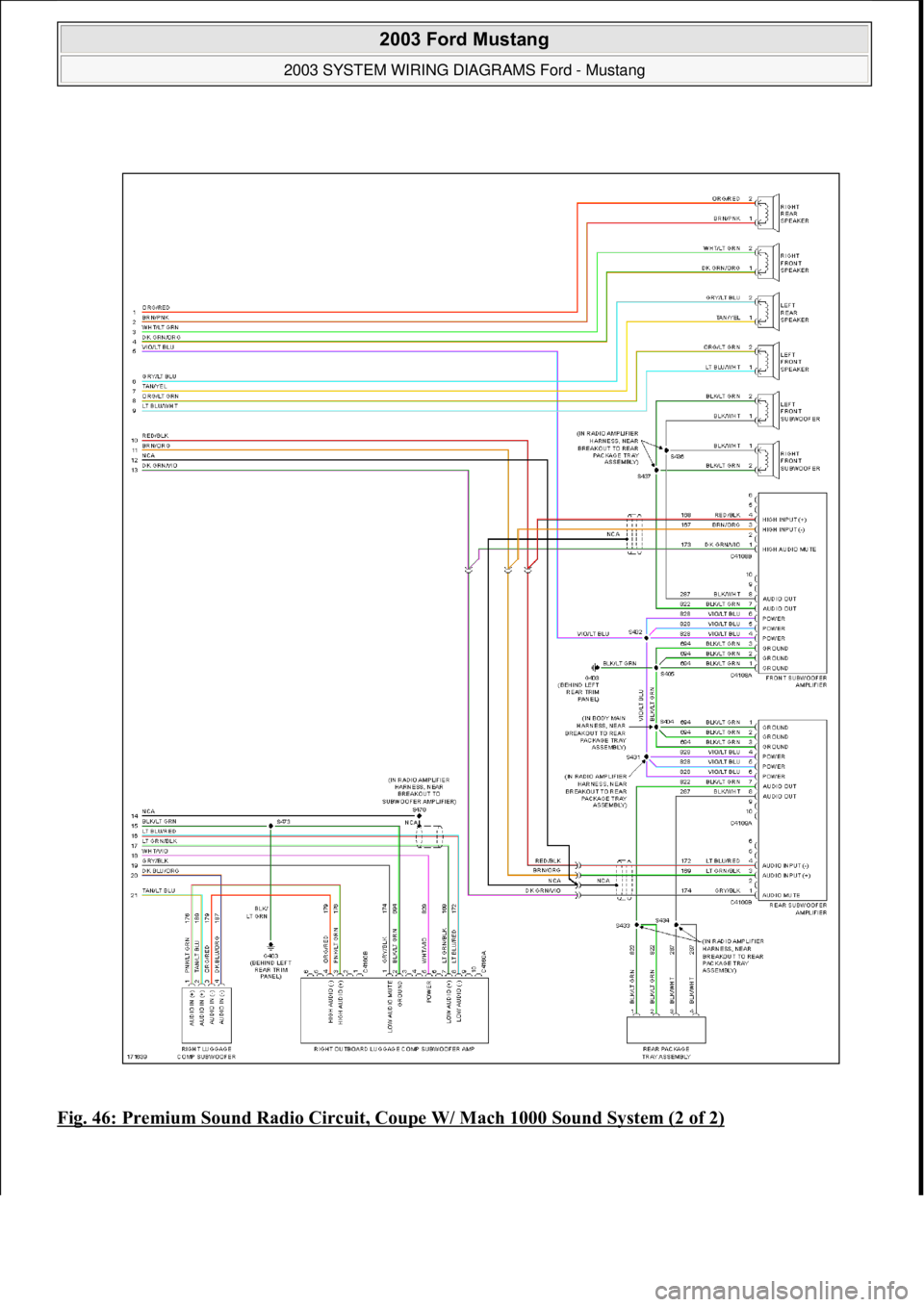 FORD MUSTANG 2003  Workshop Manual Fig. 46: Premium Sound Radio Circuit, Coupe W/ Mach 1000 Sound System (2 of 2) 
 
2003 Ford Mustang 
2003 SYSTEM WIRING DIAGRAMS Ford - Mustang  
111  
18 ноября  2011 г. 12:45:09Page 47 © 200