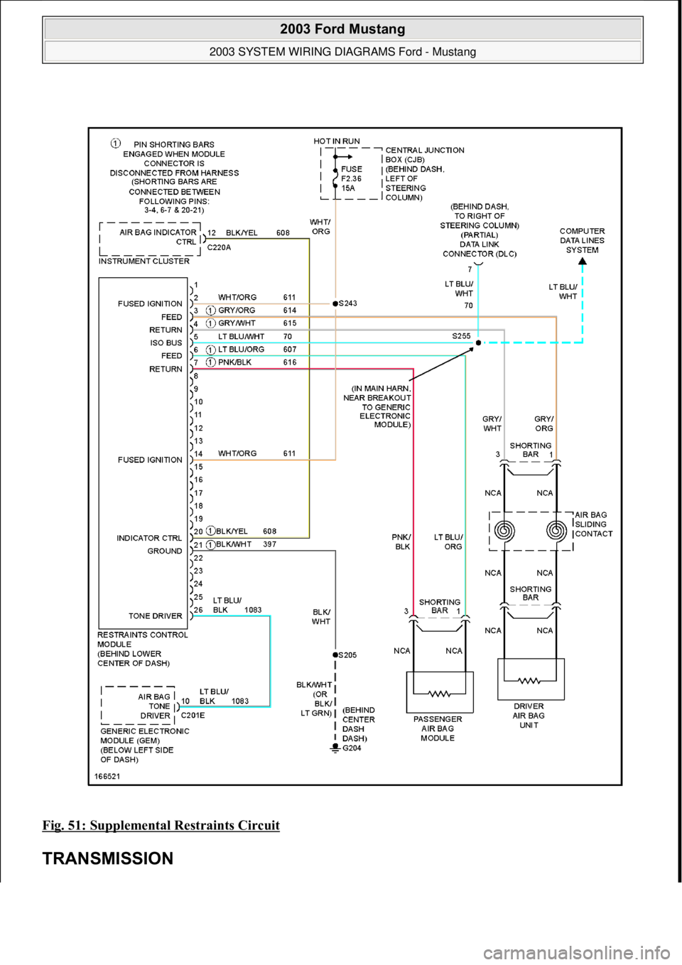 FORD MUSTANG 2003  Workshop Manual Fig. 51: Supplemental Restraints Circuit 
TRANSMISSION 
 
2003 Ford Mustang 
2003 SYSTEM WIRING DIAGRAMS Ford - Mustang  
111  
18 ноября  2011 г. 12:45:09Page 52 © 2006 Mitchell Repair Inform