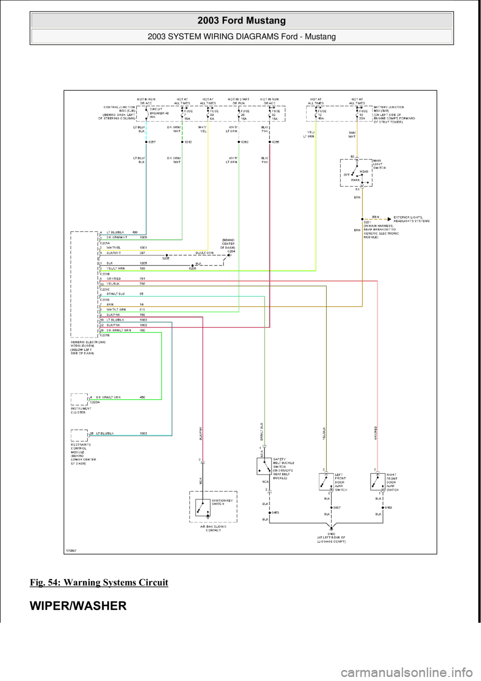 FORD MUSTANG 2003  Workshop Manual Fig. 54: Warning Systems Circuit 
WIPER/WASHER 
 
2003 Ford Mustang 
2003 SYSTEM WIRING DIAGRAMS Ford - Mustang  
111  
18 ноября  2011 г. 12:45:09Page 55 © 2006 Mitchell Repair Information Co