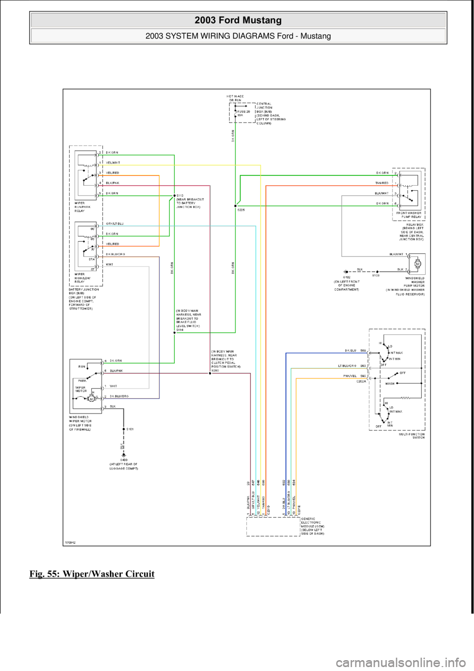 FORD MUSTANG 2003  Workshop Manual Fig. 55: Wiper/Washer Circuit 
 
2003 Ford Mustang 
2003 SYSTEM WIRING DIAGRAMS Ford - Mustang  
111  
18 ноября  2011 г. 12:45:09Page 56 © 2006 Mitchell Repair Information Company, LLC.  