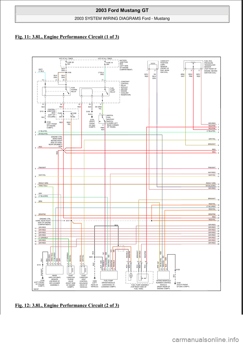 FORD MUSTANG 2003  Workshop Manual Fig. 11: 3.8L, Engine Performance Circuit (1 of 3)
Fig. 12: 3.8L, Engine Performance Circuit (2 of 3)
 
2003 Ford Mustang GT 
2003 SYSTEM WIRING DIAGRAMS Ford - Mustang  
111  
18 ноября  2011 