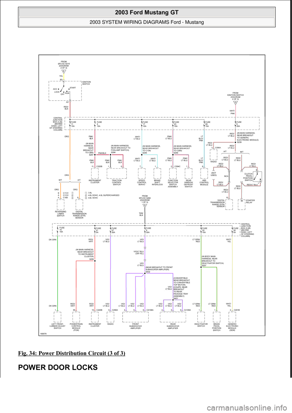 FORD MUSTANG 2003 Workshop Manual Fig. 34: Power Distribution Circuit (3 of 3)
POWER DOOR LOCKS
2003 Ford Mustang GT
2003 SYSTEM WIRING DIAGRAMS Ford - Mustang
111
18 ноября 2011 г. 12:50:34Page 35 © 2006 Mitchell Re FORD MUSTANG 2003 Workshop Manual Fig. 34: Power Distribution Circuit (3 of 3)
POWER DOOR LOCKS
2003 Ford Mustang GT
2003 SYSTEM WIRING DIAGRAMS Ford - Mustang
111
18 ноября 2011 г. 12:50:34Page 35 © 2006 Mitchell Re