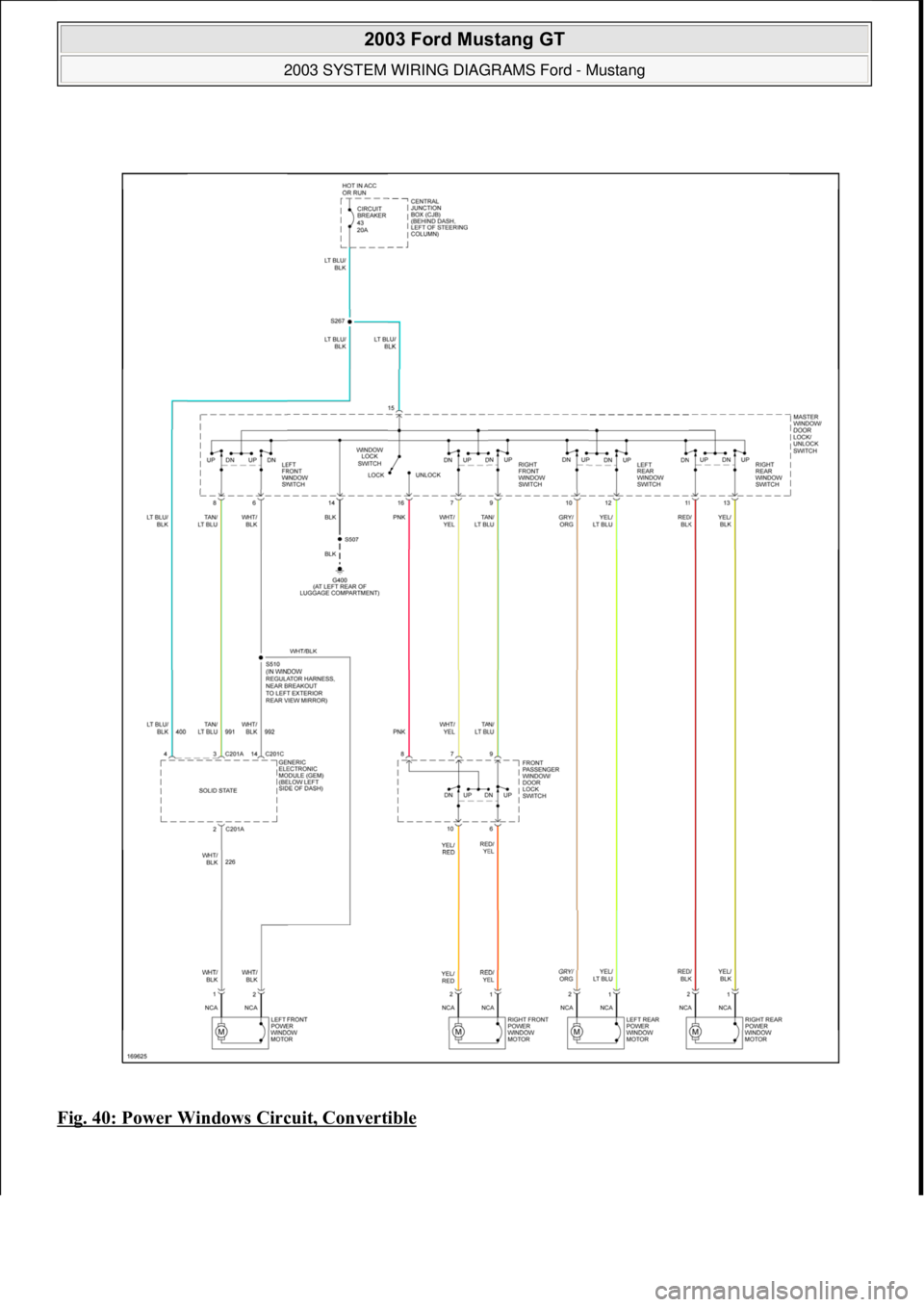 FORD MUSTANG 2003  Workshop Manual Fig. 40: Power Windows Circuit, Convertible
 
2003 Ford Mustang GT 
2003 SYSTEM WIRING DIAGRAMS Ford - Mustang  
111  
18 ноября  2011 г. 12:50:34Page 41 © 2006 Mitchell Repair Information Com