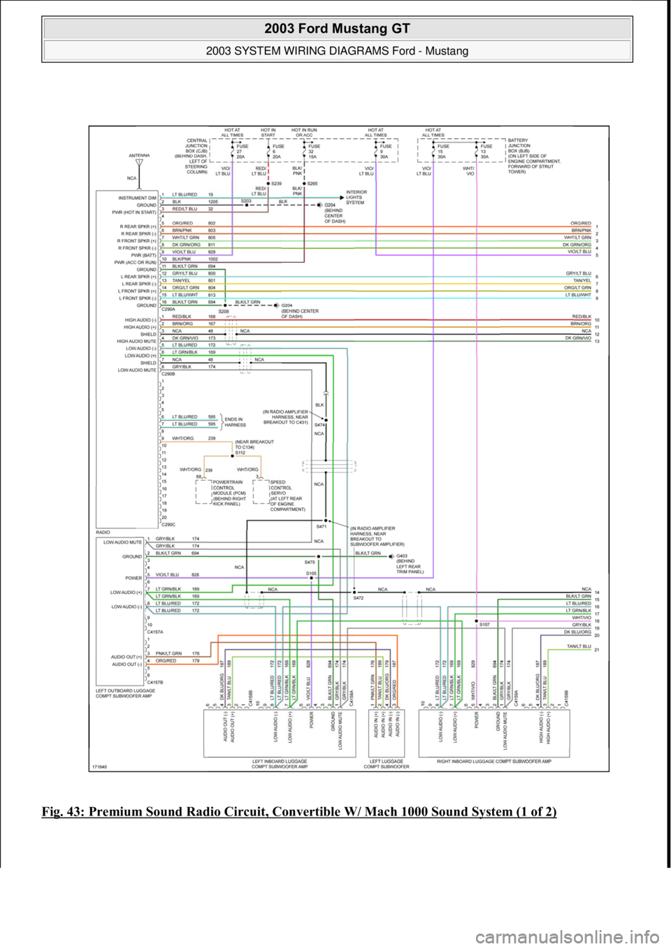FORD MUSTANG 2003  Workshop Manual Fig. 43: Premium Sound Radio Circuit, Convertible W/ Mach 1000 Sound System (1 of 2)
 
2003 Ford Mustang GT 
2003 SYSTEM WIRING DIAGRAMS Ford - Mustang  
111  
18 ноября  2011 г. 12:50:34Page 4