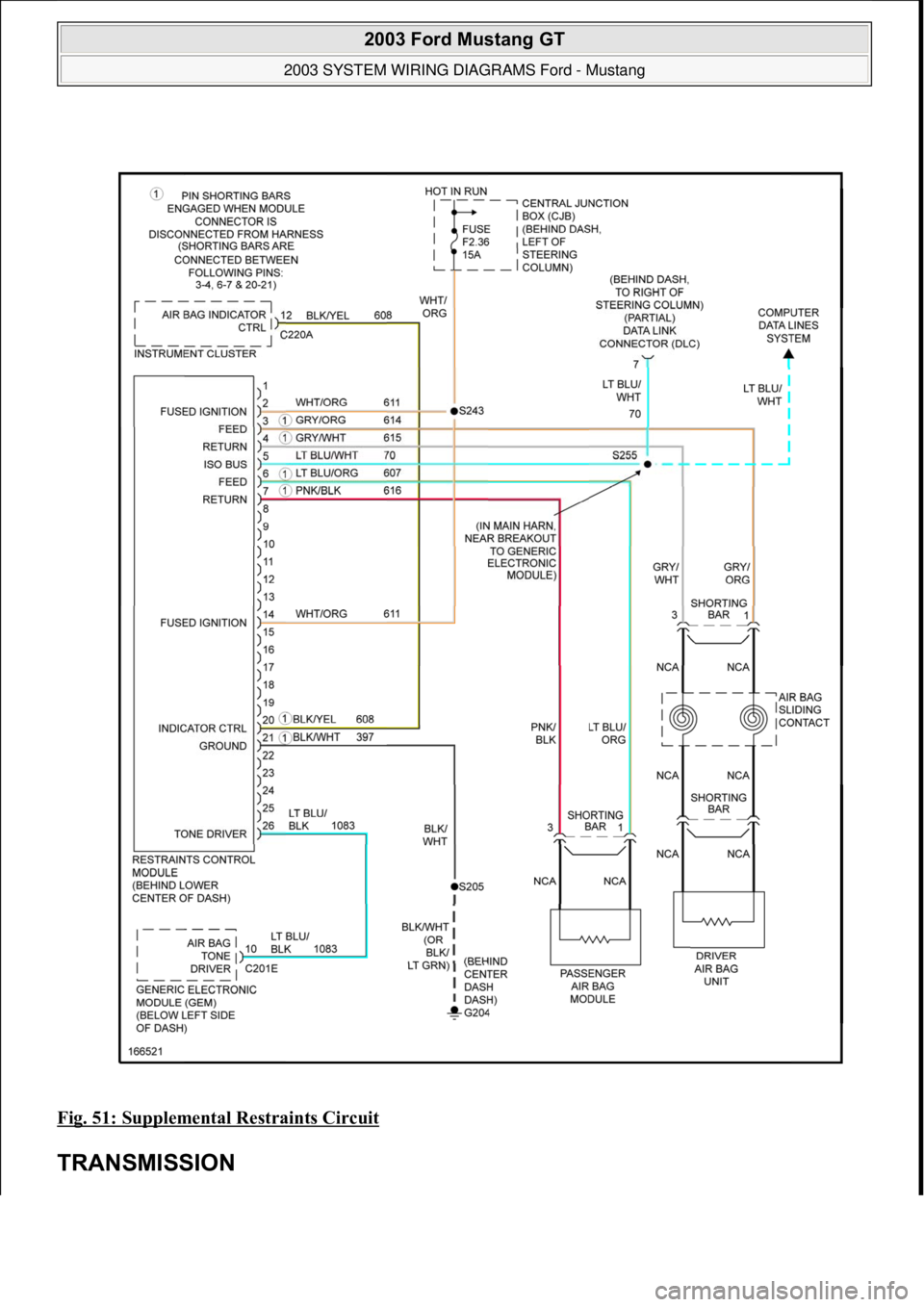 FORD MUSTANG 2003  Workshop Manual Fig. 51: Supplemental Restraints Circuit 
TRANSMISSION 
 
2003 Ford Mustang GT 
2003 SYSTEM WIRING DIAGRAMS Ford - Mustang  
111  
18 ноября  2011 г. 12:50:34Page 52 © 2006 Mitchell Repair Inf