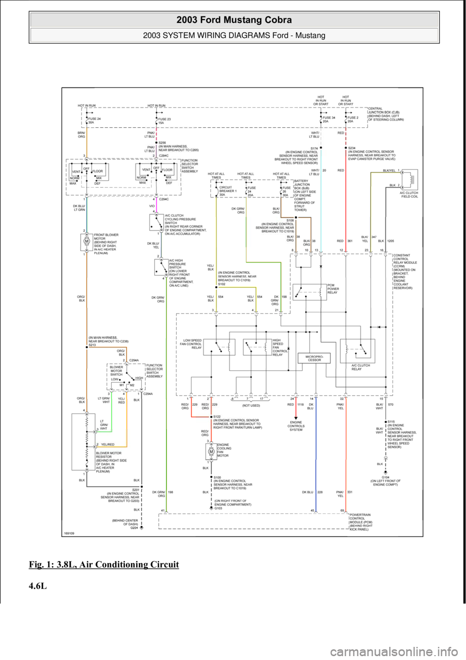 FORD MUSTANG 2003  Workshop Manual Fig. 1: 3.8L, Air Conditioning Circuit 
4.6L 
 
2003 Ford Mustang Cobra 
2003 SYSTEM WIRING DIAGRAMS Ford - Mustang  
111  
18  ноября  2011 г. 12:47:06Page 2 © 2006 Mitchell Repair Informatio