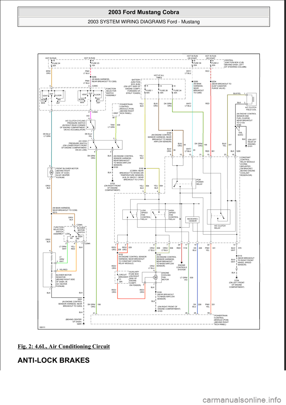 FORD MUSTANG 2003  Workshop Manual Fig. 2: 4.6L, Air Conditioning Circuit 
ANTI-LOCK BRAKES 
 
2003 Ford Mustang Cobra 
2003 SYSTEM WIRING DIAGRAMS Ford - Mustang  
111  
18 ноября  2011 г. 12:47:06Page 3 © 2006 Mitchell Repair