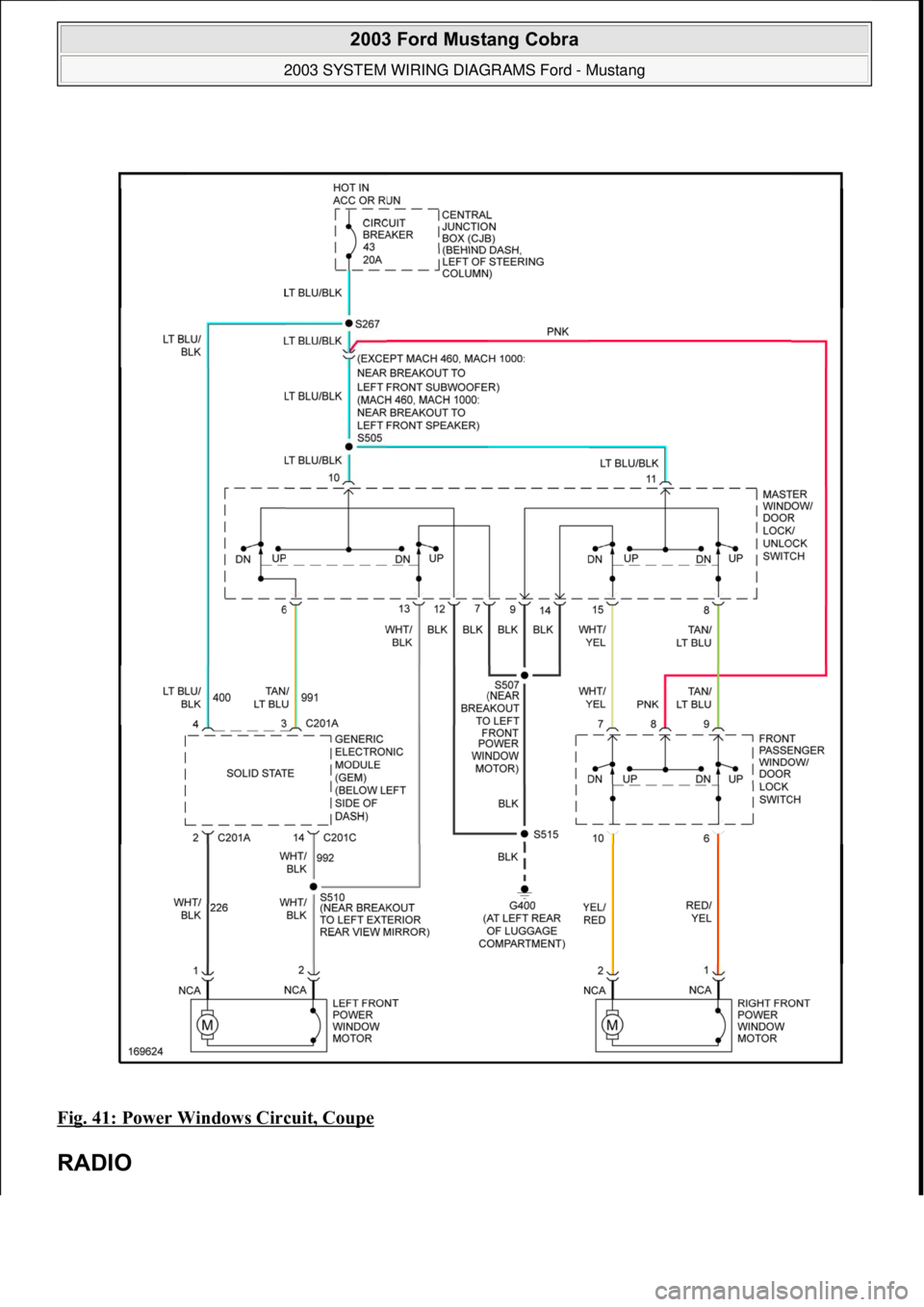 FORD MUSTANG 2003  Workshop Manual Fig. 41: Power Windows Circuit, Coupe 
RADIO 
 
2003 Ford Mustang Cobra 
2003 SYSTEM WIRING DIAGRAMS Ford - Mustang  
111  
18 ноября  2011 г. 12:47:06Page 42 © 2006 Mitchell Repair Informatio