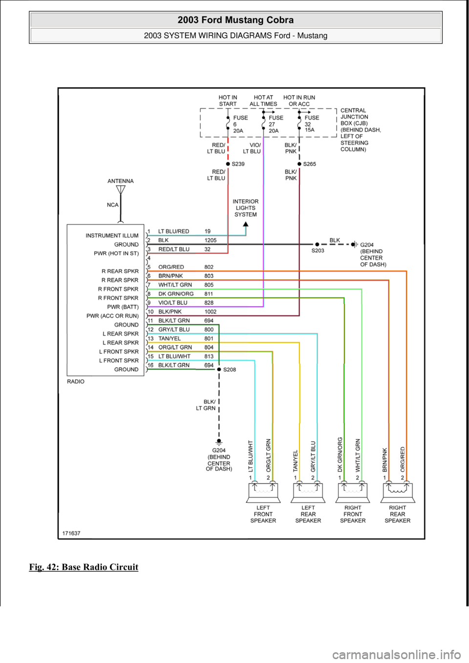 FORD MUSTANG 2003 Repair Manual Fig. 42: Base Radio Circuit
 
2003 Ford Mustang Cobra 
2003 SYSTEM WIRING DIAGRAMS Ford - Mustang  
111  
18 ноября  2011 г. 12:47:06Page 43 © 2006 Mitchell Repair Information Company, LLC.  