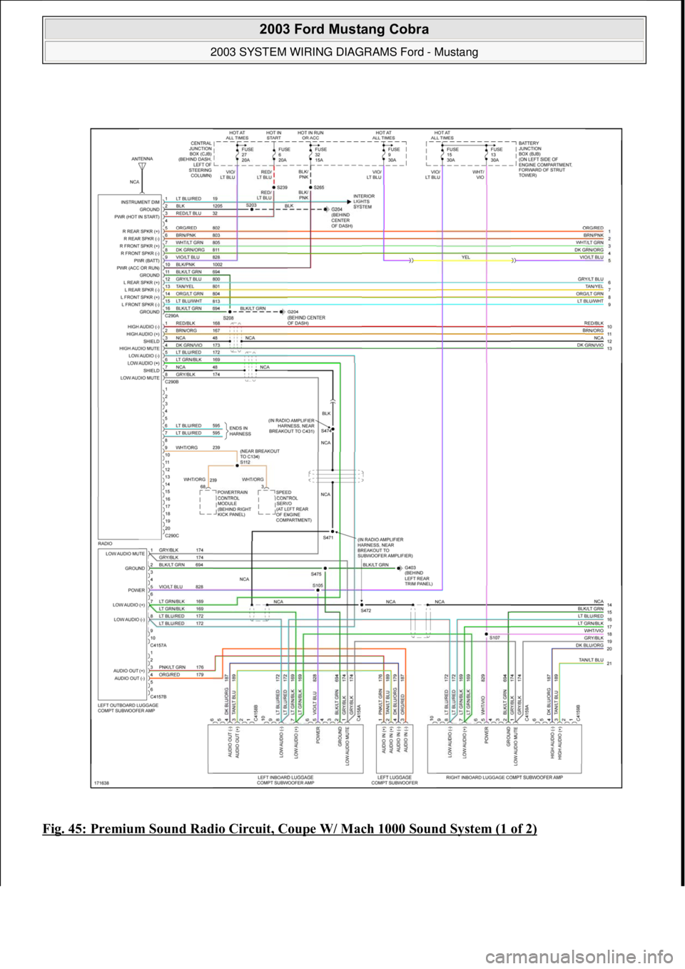 FORD MUSTANG 2003 Repair Manual Fig. 45: Premium Sound Radio Circuit, Coupe W/ Mach 1000 Sound System (1 of 2) 
 
2003 Ford Mustang Cobra 
2003 SYSTEM WIRING DIAGRAMS Ford - Mustang  
111  
18 ноября  2011 г. 12:47:06Page 46 