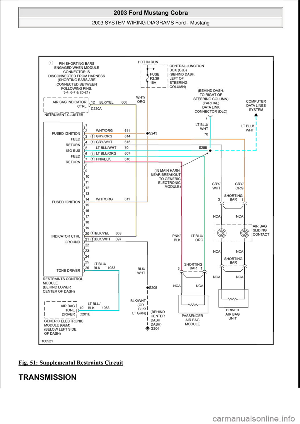 FORD MUSTANG 2003  Workshop Manual Fig. 51: Supplemental Restraints Circuit 
TRANSMISSION 
 
2003 Ford Mustang Cobra 
2003 SYSTEM WIRING DIAGRAMS Ford - Mustang  
111  
18 ноября  2011 г. 12:47:07Page 52 © 2006 Mitchell Repair 