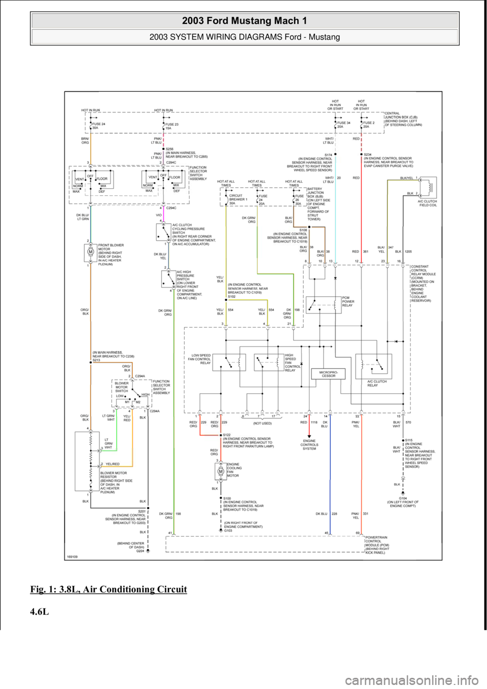 FORD MUSTANG 2003  Workshop Manual Fig. 1: 3.8L, Air Conditioning Circuit 
4.6L 
 
2003 Ford Mustang Mach 1 
2003 SYSTEM WIRING DIAGRAMS Ford - Mustang  
111  
18  ноября  2011 г. 12:54:33Page 2 © 2006 Mitchell Repair Informati