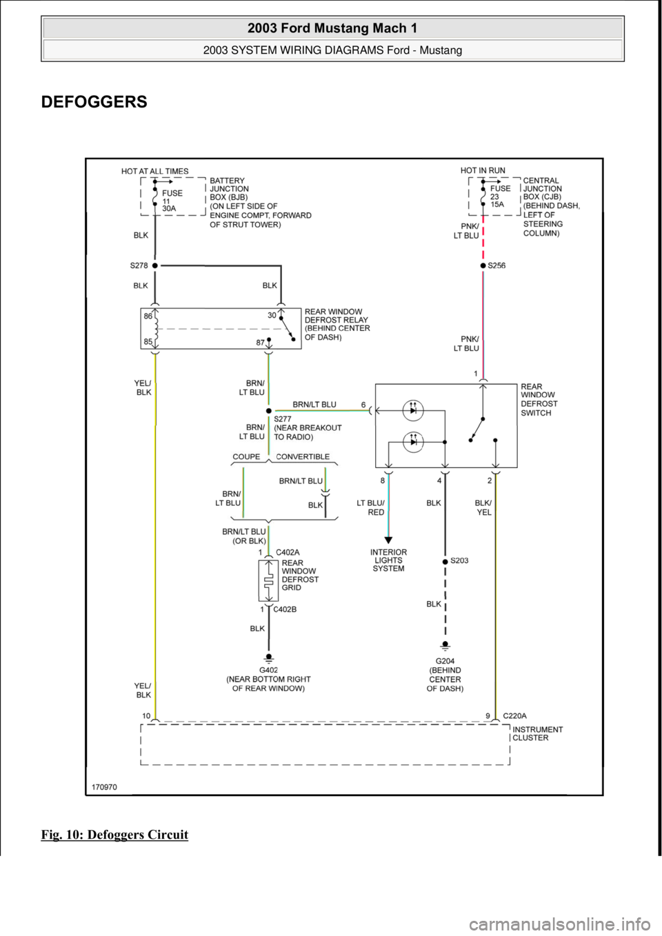 FORD MUSTANG 2003  Workshop Manual DEFOGGERS 
Fig. 10: Defoggers Circuit 
 
2003 Ford Mustang Mach 1 
2003 SYSTEM WIRING DIAGRAMS Ford - Mustang  
111  
18 ноября  2011 г. 12:54:33Page 11 © 2006 Mitchell Repair Information Comp