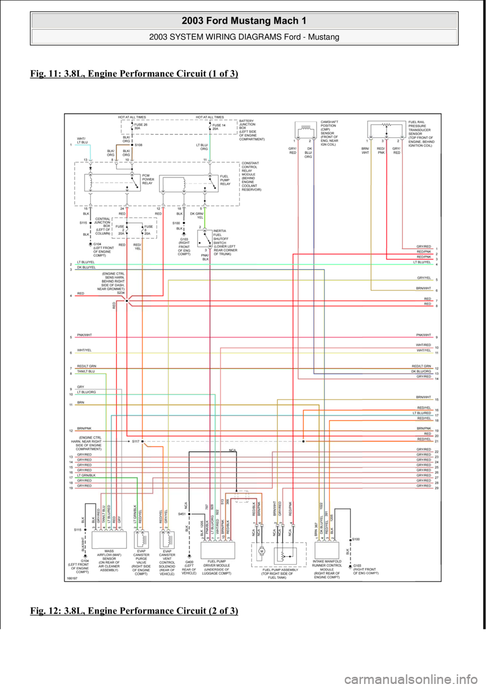 FORD MUSTANG 2003  Workshop Manual Fig. 11: 3.8L, Engine Performance Circuit (1 of 3)
Fig. 12: 3.8L, Engine Performance Circuit (2 of 3)
 
2003 Ford Mustang Mach 1 
2003 SYSTEM WIRING DIAGRAMS Ford - Mustang  
111  
18 ноября  20